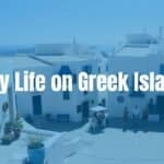 A peaceful Greek island village scene, whitewashed houses, blue shutters, cobblestone streets, locals chatting in a sunny square, sea in the background, Mediterranean vibe, realistic.