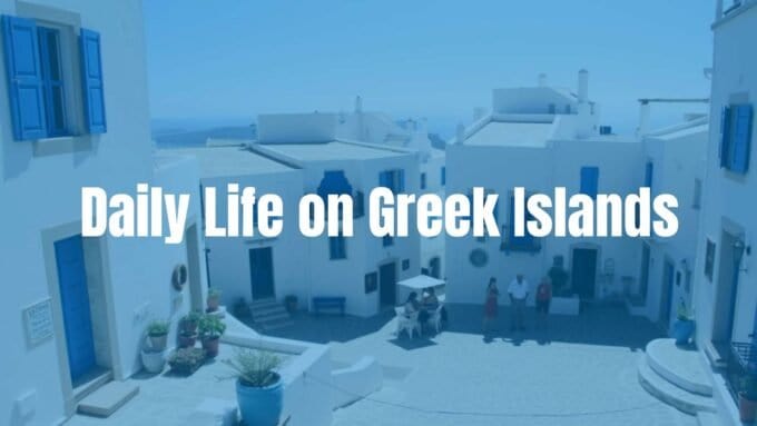 A peaceful Greek island village scene, whitewashed houses, blue shutters, cobblestone streets, locals chatting in a sunny square, sea in the background, Mediterranean vibe, realistic.