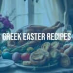 Greek Easter feast table with roasted lamb, colorful eggs, and traditional pastries, warm lighting, festive atmosphere, realistic.