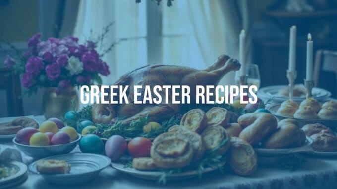 Greek Easter feast table with roasted lamb, colorful eggs, and traditional pastries, warm lighting, festive atmosphere, realistic.