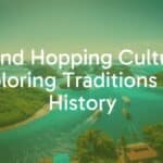 Aerial view of tropical islands with boats traveling between them, vibrant blue ocean, lush greenery, sunny sky, traditional market on one island, cultural vibe.