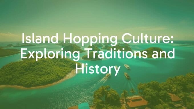 Aerial view of tropical islands with boats traveling between them, vibrant blue ocean, lush greenery, sunny sky, traditional market on one island, cultural vibe.