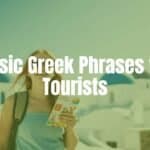 A happy tourist holding a Greek phrasebook, standing in front of Santorini's white buildings and blue domes, sunny day, vibrant colors, realistic.