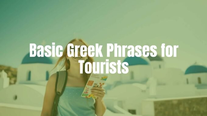 A happy tourist holding a Greek phrasebook, standing in front of Santorini's white buildings and blue domes, sunny day, vibrant colors, realistic.
