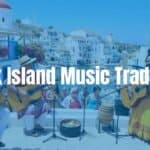 Greek island musicians playing traditional instruments, vibrant festival atmosphere, blue and white coastal village backdrop, lively and colorful, realistic.