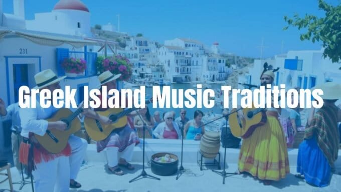 Greek island musicians playing traditional instruments, vibrant festival atmosphere, blue and white coastal village backdrop, lively and colorful, realistic.