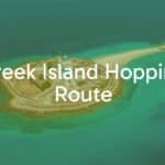 Aerial view of a Greek island hopping route, turquoise waters, white sandy beaches, rustic villages, blue-domed churches, ferry in the distance, sunny day, vibrant colors, realistic.