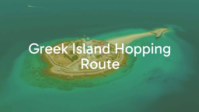 Aerial view of a Greek island hopping route, turquoise waters, white sandy beaches, rustic villages, blue-domed churches, ferry in the distance, sunny day, vibrant colors, realistic.