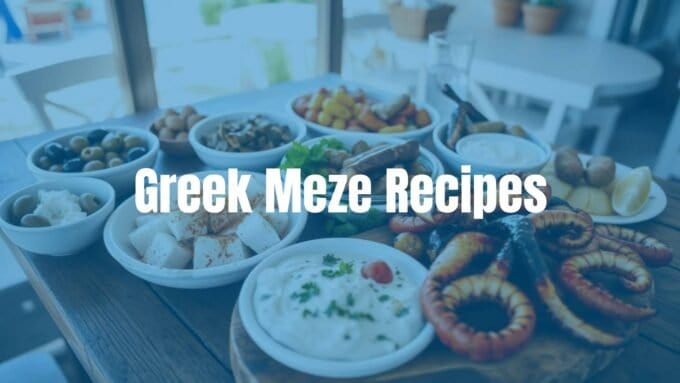 A colorful spread of Greek meze dishes on a rustic wooden table, including olives, feta cheese, tzatziki, dolmades, and grilled octopus, Mediterranean setting, warm sunlight, inviting and vibrant.