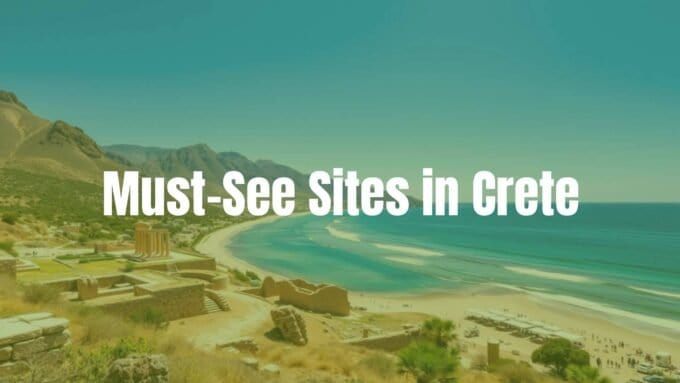 A scenic view of Crete featuring ancient Minoan ruins, azure beaches, and rugged mountains under a bright blue sky, realistic.