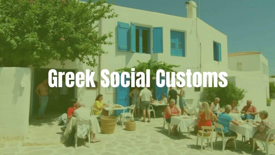 A warm and lively Greek village scene, people chatting outside a traditional whitewashed house with blue shutters, tables with food and drinks, vibrant colors, welcoming atmosphere.