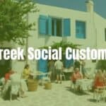 A warm and lively Greek village scene, people chatting outside a traditional whitewashed house with blue shutters, tables with food and drinks, vibrant colors, welcoming atmosphere.