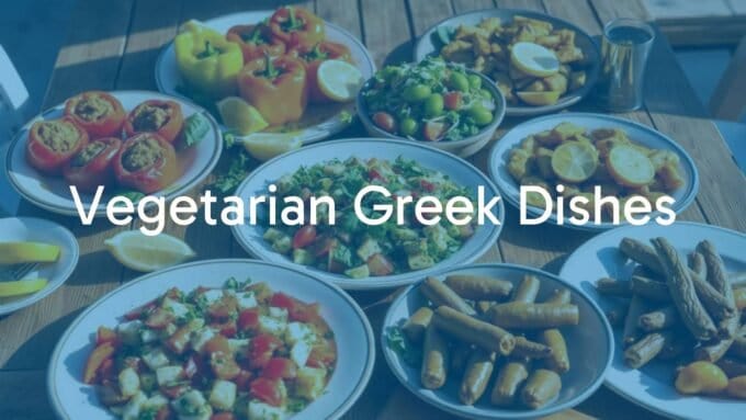Colorful table spread of traditional Greek vegetarian dishes, including stuffed peppers, horiatiki salad, dolmades, and roasted vegetables, drizzled with olive oil, fresh herbs, and lemon slices, rustic wooden table setting, warm Mediterranean sunlight, vibrant and appetizing, realistic.