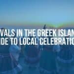 Colorful Greek island festival, traditional dancers in vibrant costumes, lively crowd, sunset over the sea, festive atmosphere, cultural celebration, realistic.