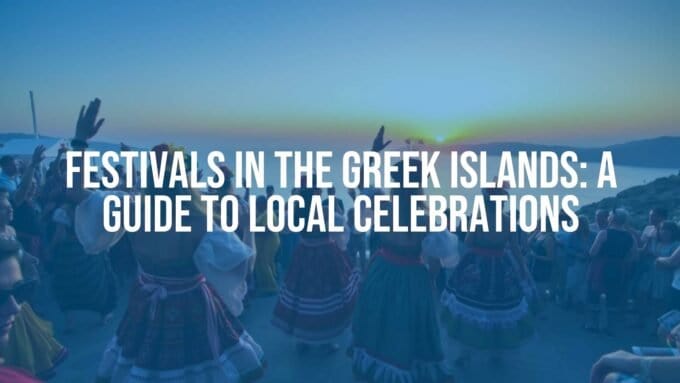 Colorful Greek island festival, traditional dancers in vibrant costumes, lively crowd, sunset over the sea, festive atmosphere, cultural celebration, realistic.