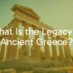 Ancient Greek temple ruins under a golden sunset, columns and statues, historical atmosphere, realistic.