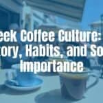 A traditional Greek coffee setting, small cups with Greek coffee, cozy outdoor cafe in Greece, relaxed atmosphere, people chatting, warm sunlight, Mediterranean vibe, realistic.