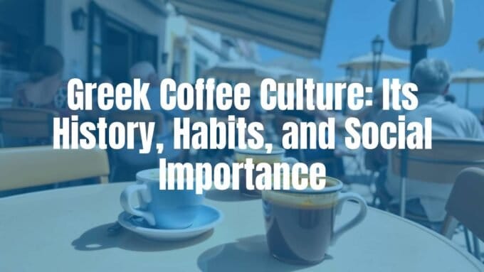 A traditional Greek coffee setting, small cups with Greek coffee, cozy outdoor cafe in Greece, relaxed atmosphere, people chatting, warm sunlight, Mediterranean vibe, realistic.