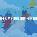 Colorful illustration of Greek gods, goddesses, and mythical creatures on Mount Olympus, playful and vibrant style, for kids.