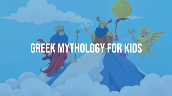 Colorful illustration of Greek gods, goddesses, and mythical creatures on Mount Olympus, playful and vibrant style, for kids.