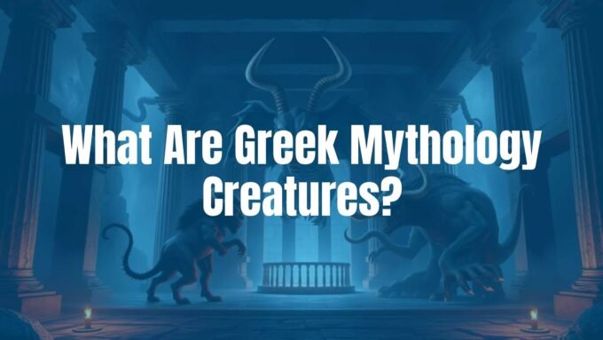 Mythological Greek creatures, including a chimera, minotaur, and hydra, in an ancient Greek temple setting, dark and mysterious atmosphere, highly detailed illustration.