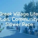 A peaceful Greek village scene, whitewashed houses with blue shutters, cobblestone streets, locals chatting outside a small taverna, olive trees in the background, warm sunlight, traditional and cozy atmosphere.