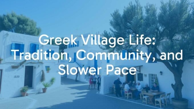 A peaceful Greek village scene, whitewashed houses with blue shutters, cobblestone streets, locals chatting outside a small taverna, olive trees in the background, warm sunlight, traditional and cozy atmosphere.