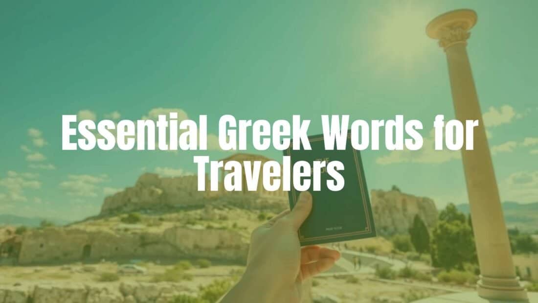A traveler holding a Greek phrasebook with the Acropolis in the background, sunny day, vibrant colors, illustrative style.