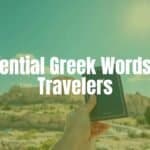 A traveler holding a Greek phrasebook with the Acropolis in the background, sunny day, vibrant colors, illustrative style.
