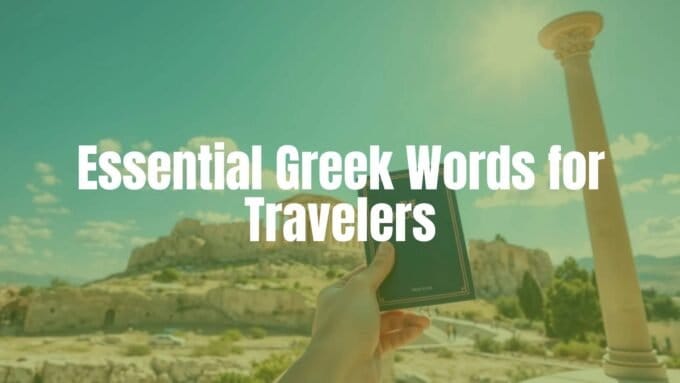 A traveler holding a Greek phrasebook with the Acropolis in the background, sunny day, vibrant colors, illustrative style.