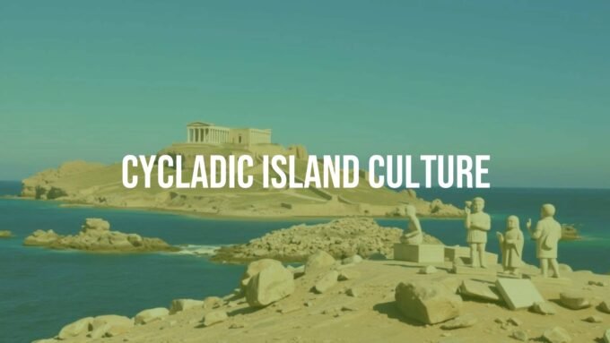 Ancient Cycladic island landscape, marble figurines, Bronze Age civilization, Aegean Sea, rocky terrain, clear blue skies, historical and serene vibe, realistic.