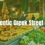 Colorful Greek street food display with grilled meats, flaky pies, and fresh ingredients, Mediterranean street market, vibrant and lively atmosphere, realistic.