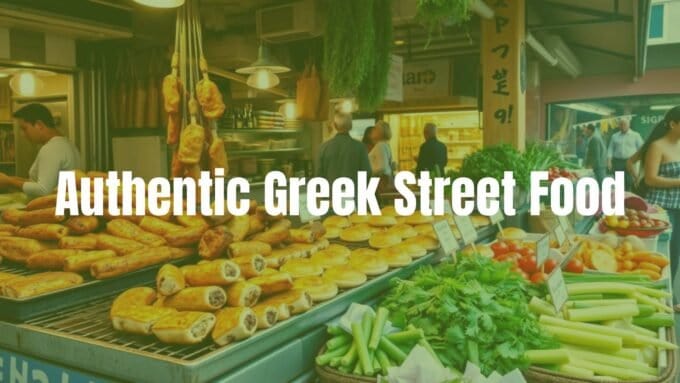 Colorful Greek street food display with grilled meats, flaky pies, and fresh ingredients, Mediterranean street market, vibrant and lively atmosphere, realistic.