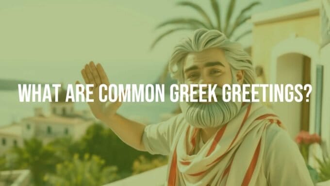 A friendly Greek person waving and saying 'Yassou' (Hello), sunny Mediterranean backdrop, warm and inviting atmosphere, realistic style.