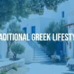 Traditional Greek village scene, whitewashed houses with blue shutters, elderly couple sharing a meal outdoors, olive trees in the background, warm sunlight, peaceful and welcoming atmosphere, realistic style.