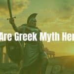 A majestic Greek hero, like Heracles or Odysseus, standing triumphantly with a sword and shield, ancient ruins in the background, sunset lighting, realistic.