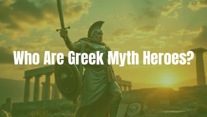 A majestic Greek hero, like Heracles or Odysseus, standing triumphantly with a sword and shield, ancient ruins in the background, sunset lighting, realistic.