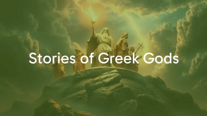 Ancient Greek gods in a dramatic sky, Mount Olympus, mythical atmosphere, glowing divine aura, classical art style, Zeus with lightning bolt, realistic yet artistic.