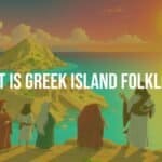 A mythical Greek island scene with ancient ruins, clear blue waters, and glowing sunset, featuring a storyteller surrounded by villagers, traditional Greek clothing, vibrant colors, illustrative style.