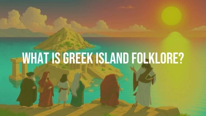 A mythical Greek island scene with ancient ruins, clear blue waters, and glowing sunset, featuring a storyteller surrounded by villagers, traditional Greek clothing, vibrant colors, illustrative style.