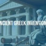 Ancient Greek inventions, classical marble architecture, philosopher and craftsman collaborating, scrolls and mechanical devices, golden age atmosphere, historical illustration.