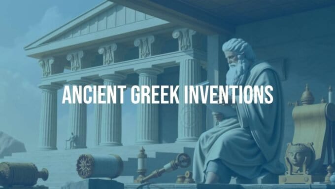 Ancient Greek inventions, classical marble architecture, philosopher and craftsman collaborating, scrolls and mechanical devices, golden age atmosphere, historical illustration.