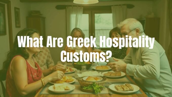 A warm Greek family welcoming guests with food and drinks, traditional setting, cozy atmosphere, realistic.