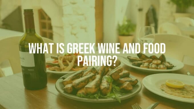 Greek wine and food pairing, rustic table with a bottle of Greek wine, fresh seafood, and grilled meats, sunny Mediterranean setting, warm and inviting, realistic.