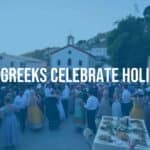 Vibrant Greek holiday celebration, crowded village square with dancing people, colorful traditional costumes, tables of festive food, church in the background, warm sunset lighting, lively and joyful atmosphere.