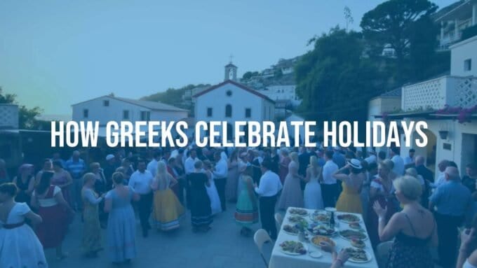 Vibrant Greek holiday celebration, crowded village square with dancing people, colorful traditional costumes, tables of festive food, church in the background, warm sunset lighting, lively and joyful atmosphere.