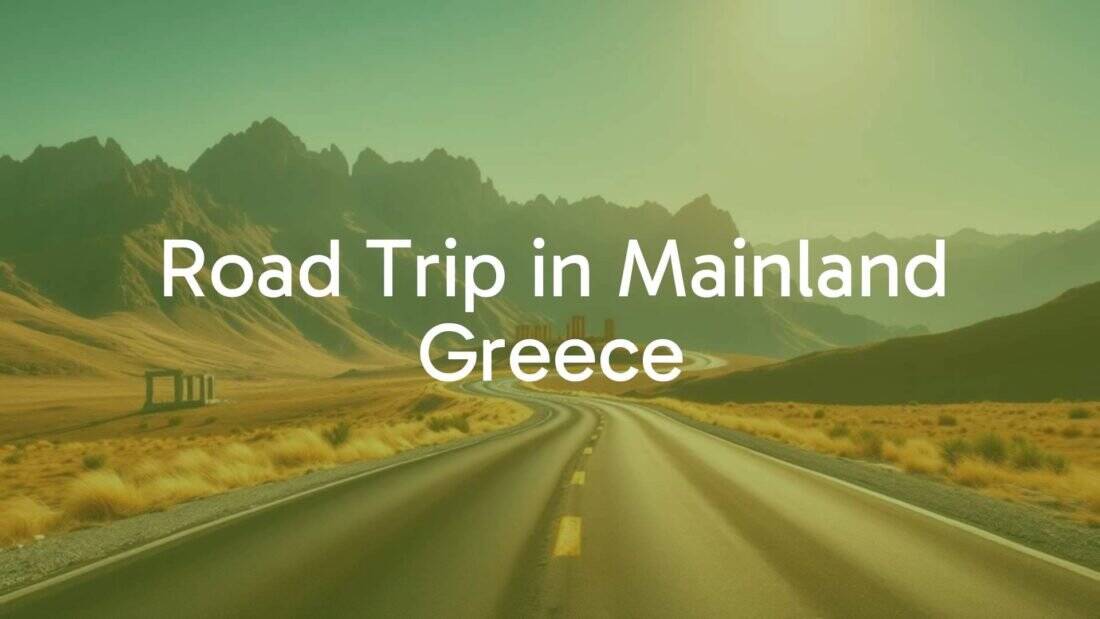 Open road winding through the mountains of mainland Greece with ancient ruins in the distance, golden sunlight, realistic and inviting.