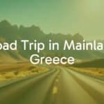 Open road winding through the mountains of mainland Greece with ancient ruins in the distance, golden sunlight, realistic and inviting.