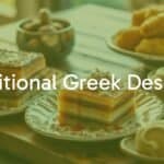 Assortment of traditional Greek desserts, including baklava, galaktoboureko, and loukoumades, on a rustic wooden table, warm lighting, inviting and vibrant.