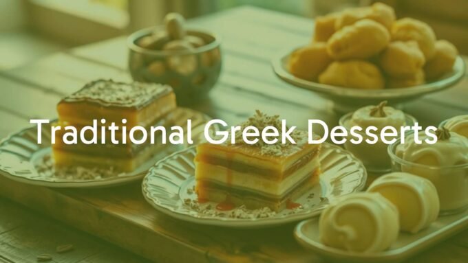 Assortment of traditional Greek desserts, including baklava, galaktoboureko, and loukoumades, on a rustic wooden table, warm lighting, inviting and vibrant.